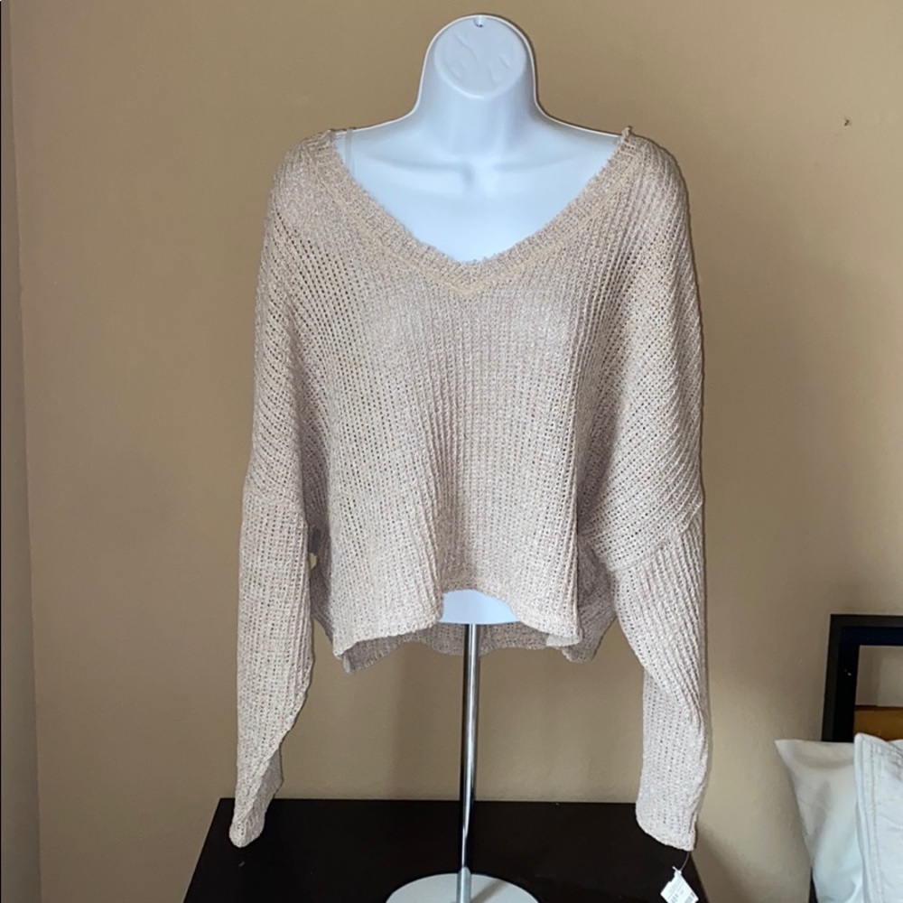 Off the shoulder oatmeal sweater